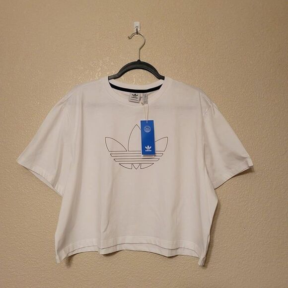 Adidas Womens Top White XL Crop Logo Crewneck Oversized Plus Size - Picture 4 of 7